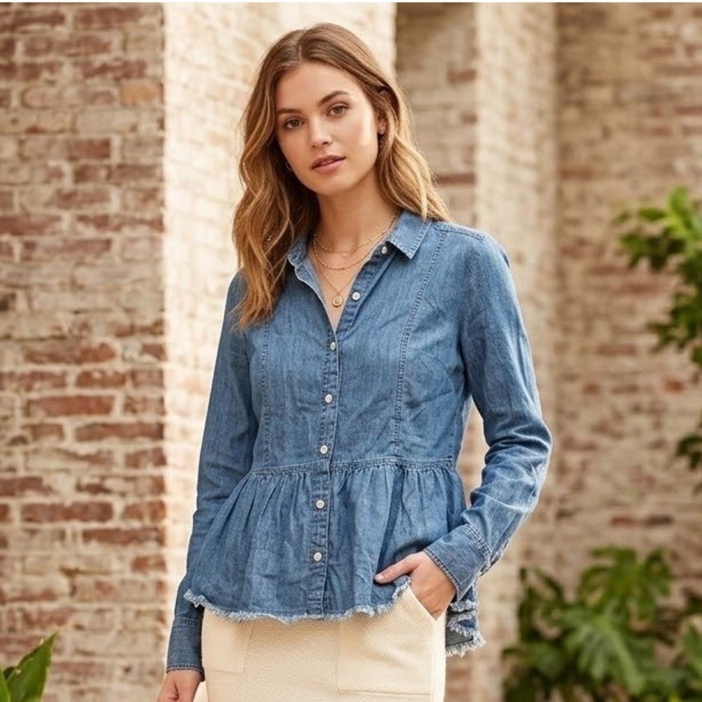 Thread & Supply Frankie Wash Denim Peplum Top Raw Hem Blue Medium Womens